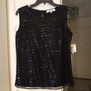 NWT  Kasper Brand Black Sequinned Sleeveless Top - Size Small